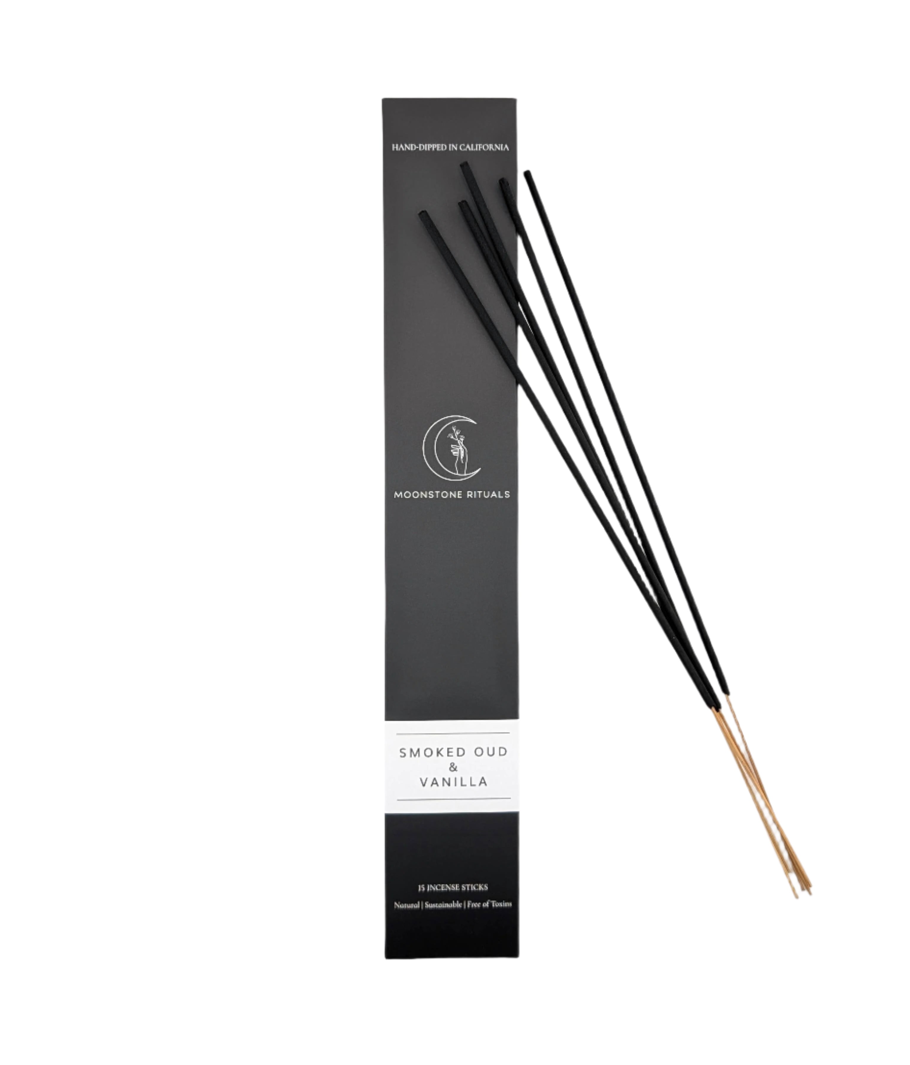 Black incense sticks with packaging labeled 'Smoked Oud & Vanilla' on a white background