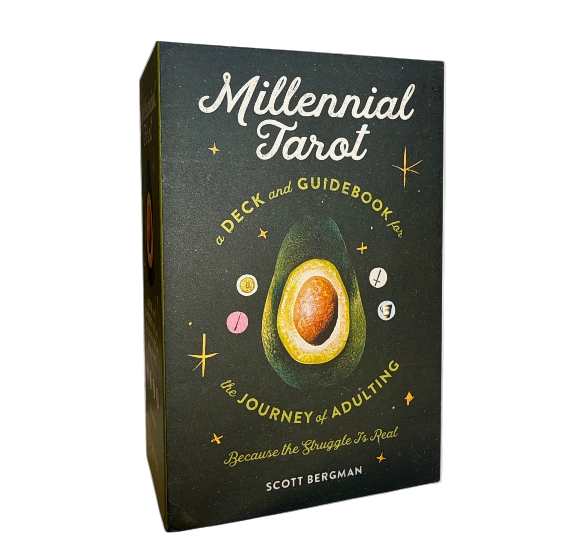Millennial Tarot box with avocado illustration on a white background
