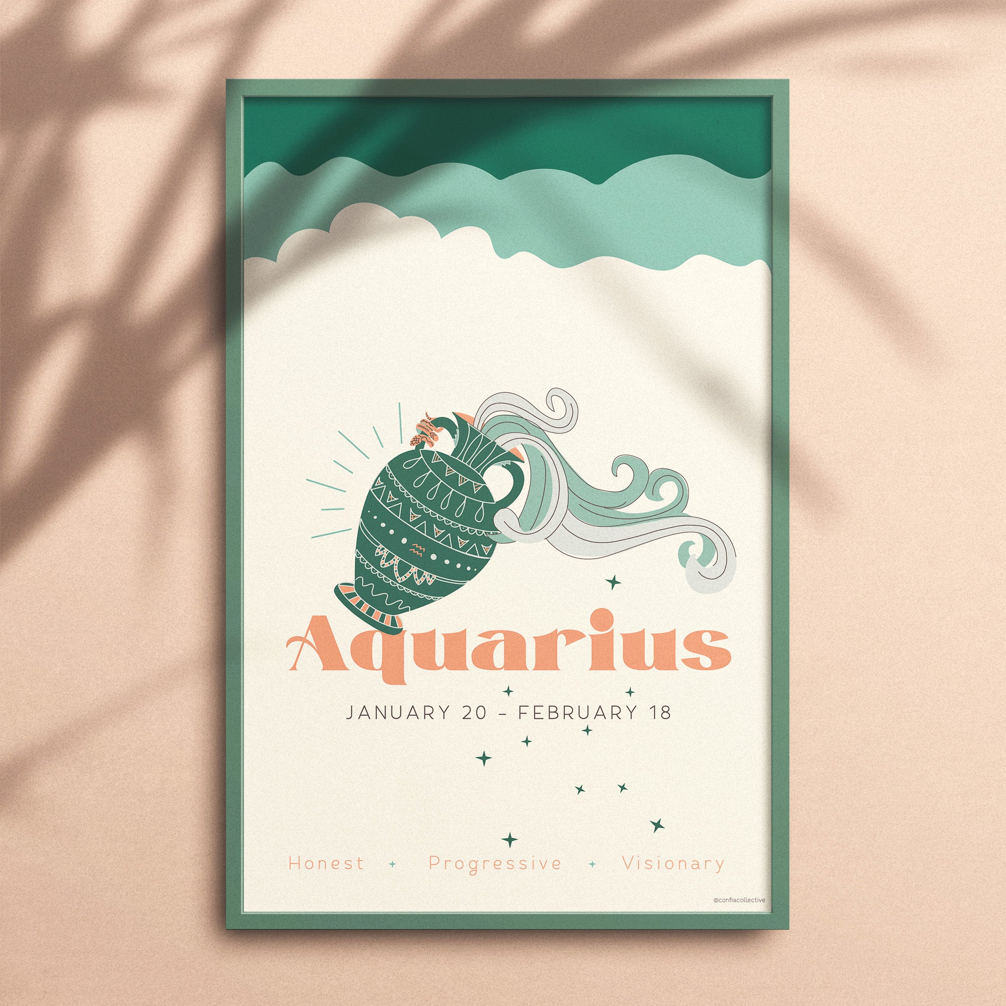 Celebrate all that communicative Aquarius is: honest, progressive, and visionary.  Our high quality custom zodiac poster, created just for Confia Collective, makes a thoughtful gift.