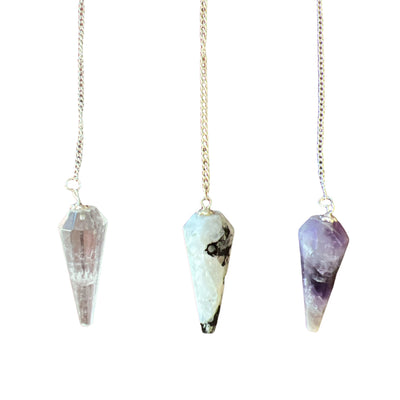 Tap into your intuition with a 12 facet crystal pendulum on a dainty 9" silver chain.  A dowsing pendulum is an object suspended by a cord or chain, used for obtaining information which the normal senses are unable to access on a conscious level.