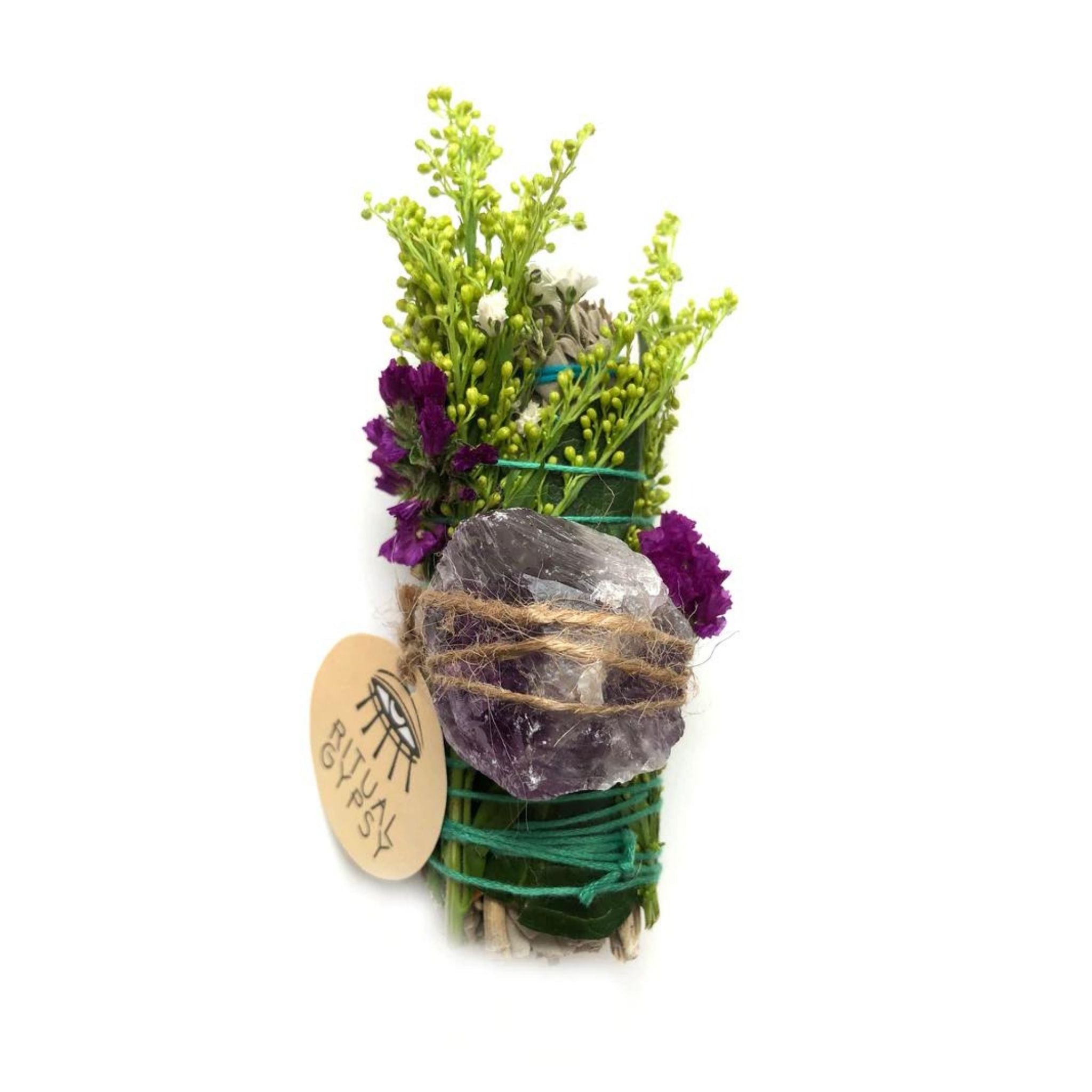 Hand-crafted Smudging Sage Wand with Amethyst "Inner Serenity" and gorgeous wildflowers, rose petals and eucalyptus.