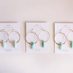 Three pairs of earrings on their cards with a white background