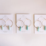Three pairs of earrings on their cards with a white background