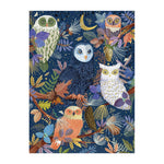 Completed puzzle of colorful owl illustration on a dark blue background with leaves and flowers.