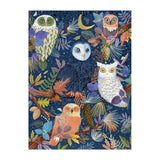Completed puzzle of colorful owl illustration on a dark blue background with leaves and flowers.