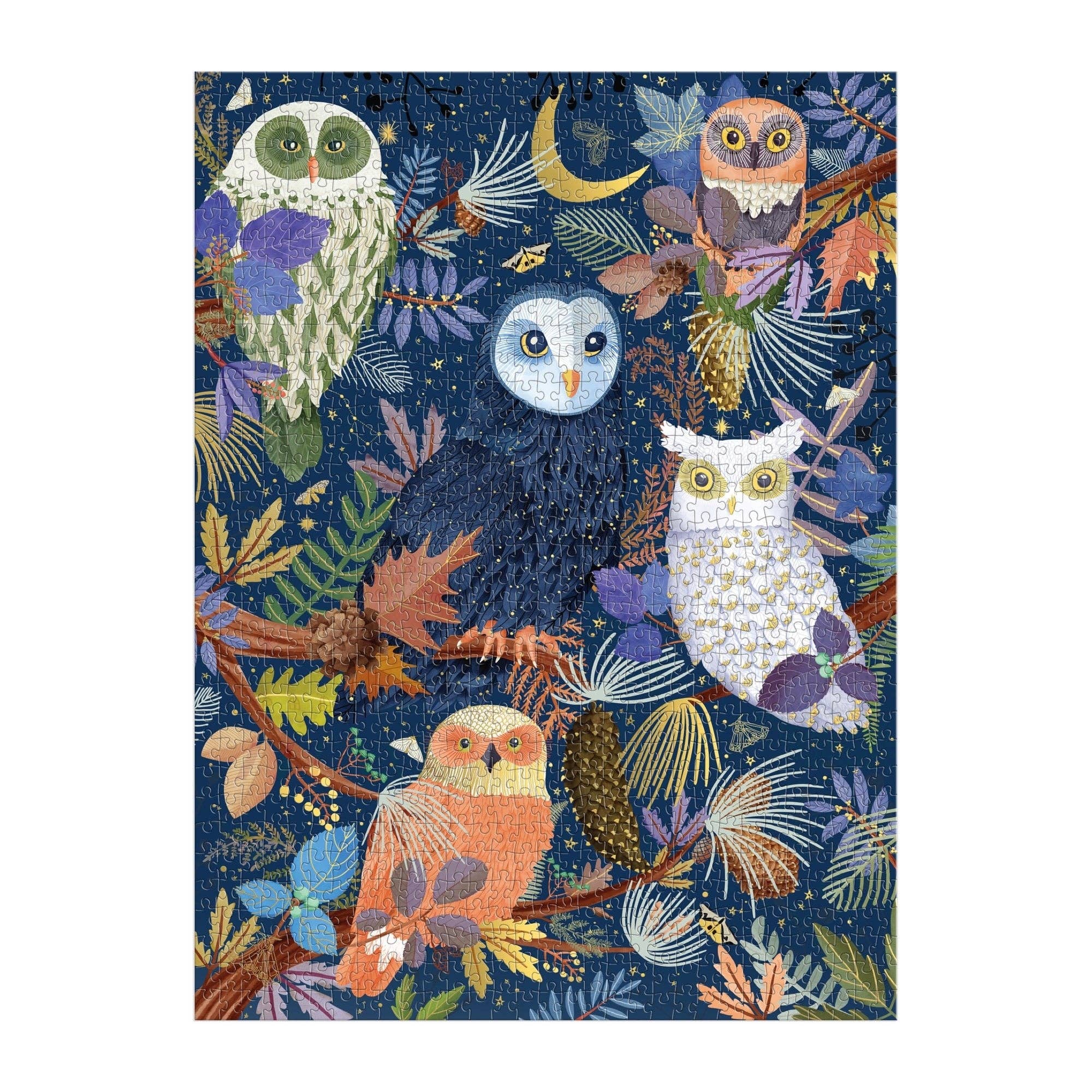 Completed puzzle of colorful owl illustration on a dark blue background with leaves and flowers.