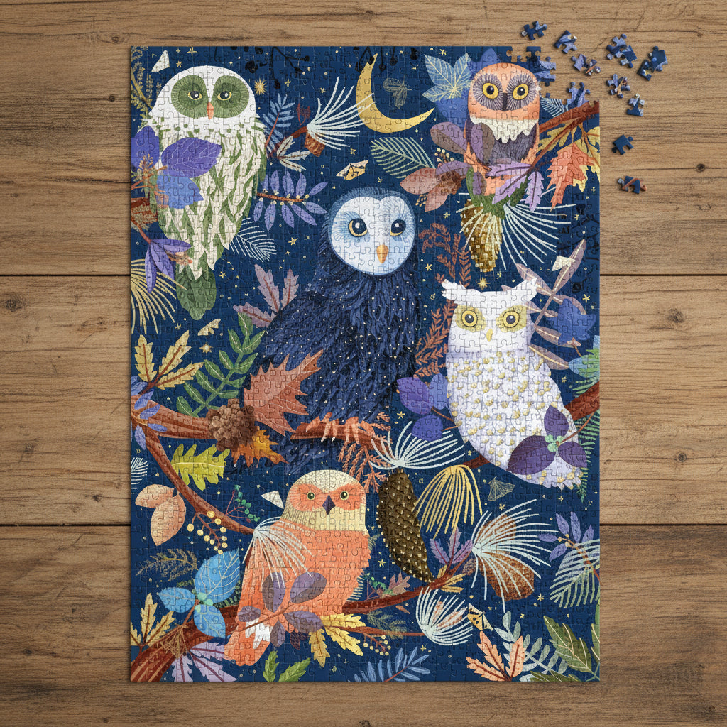 Jigsaw puzzle with colorful owl design on a blue background on a rustic wood tabletop