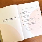 Open book with the table of contents on a wood surface