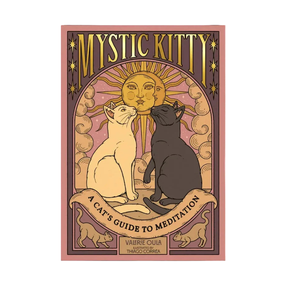 Book cover of 'Mystic Kitty: A Cat's Guide to Meditation' with two cats and a sun design on a white backgound