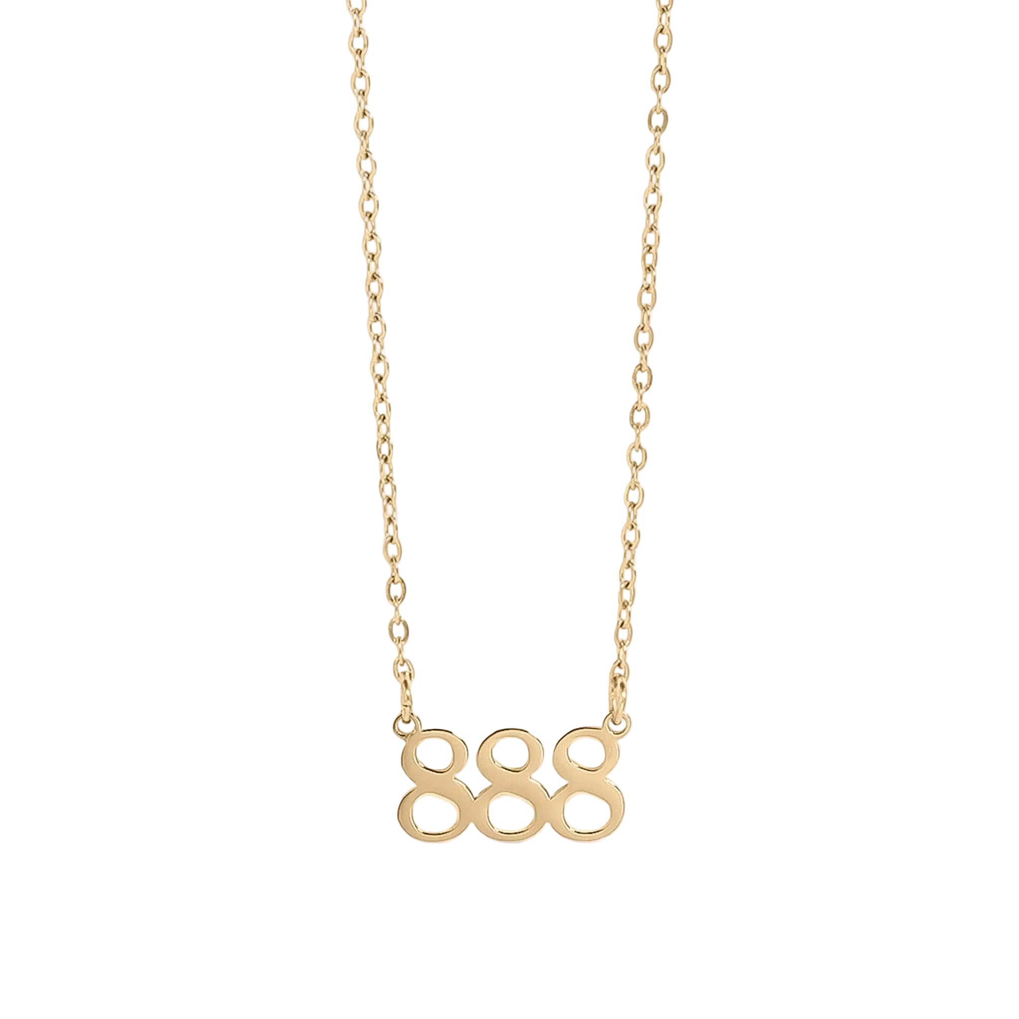Gold necklace with '888' pendant on a white background