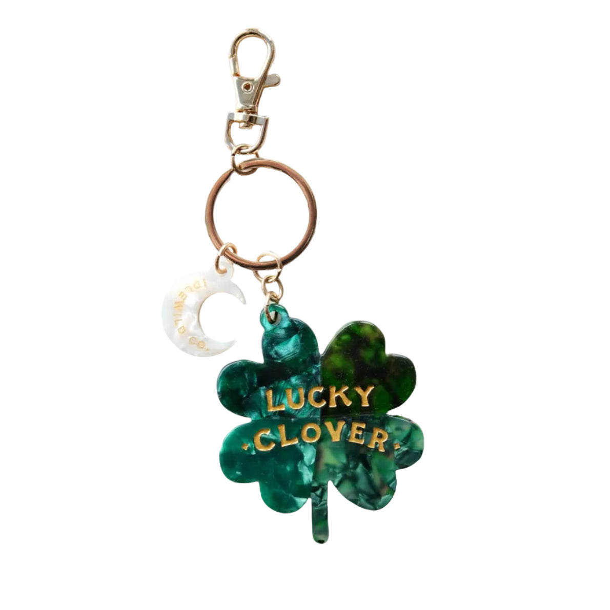 Green shamrock keychain with 'Lucky Clover' text on a white background