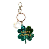 Green shamrock keychain with 'Lucky Clover' text on a white background