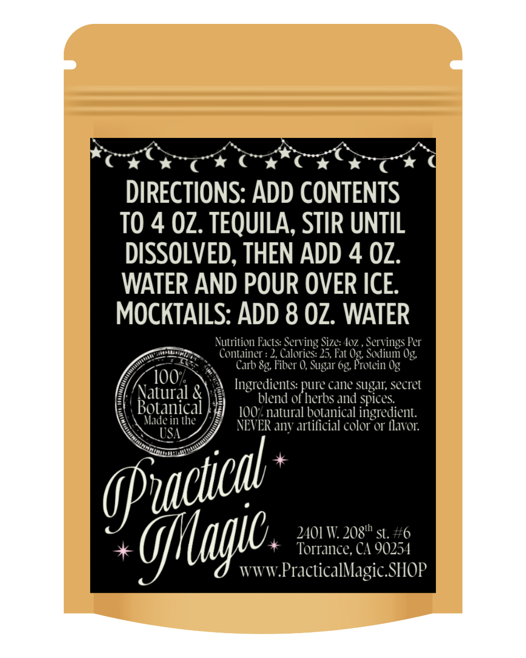 Practical Magic product packaging with text on a white background