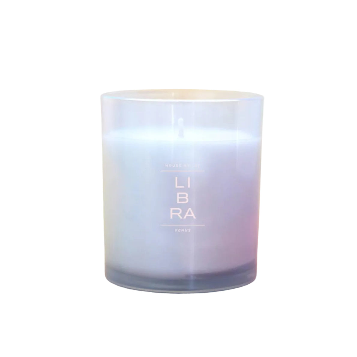 A frosted glass jar candle with white wax and a single wick, featuring the text 'LIBRA' printed on the front, set against a white background.