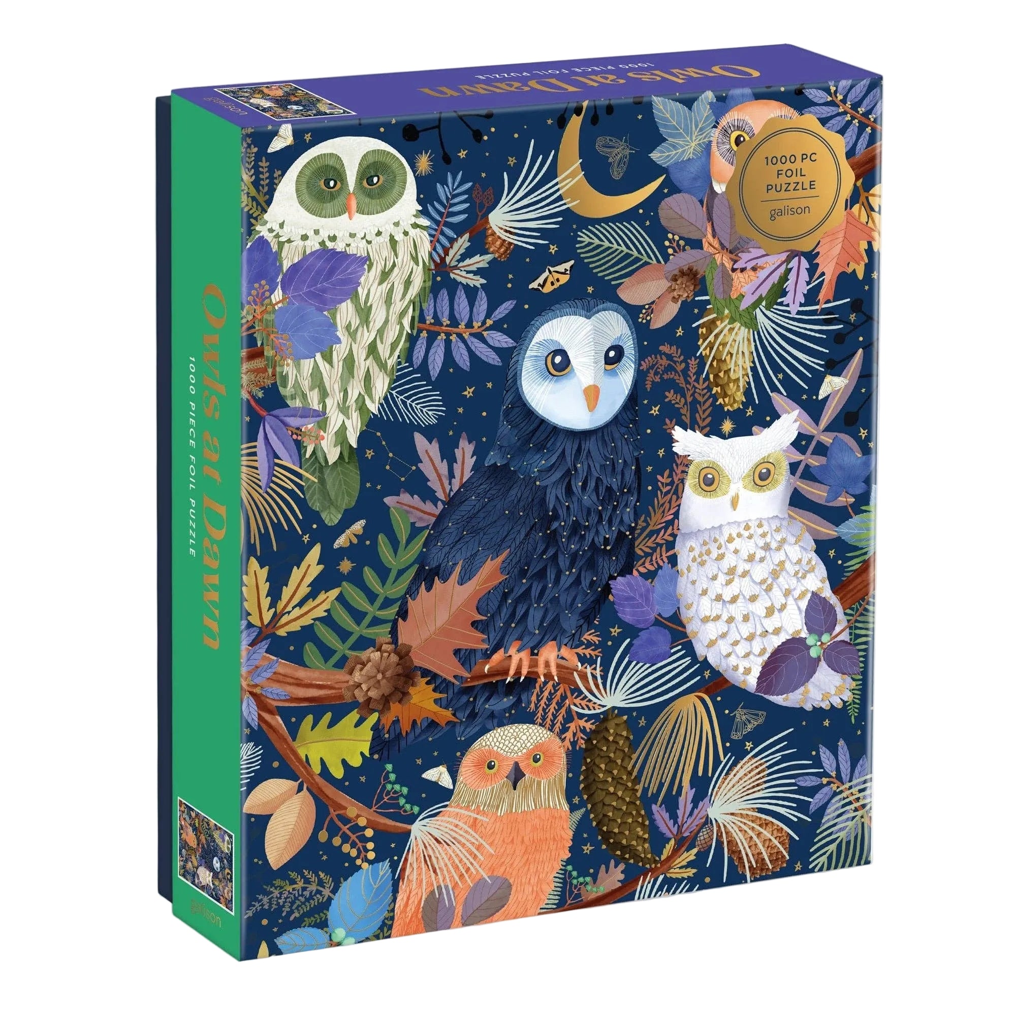 Jigsaw puzzle box with owl illustrations on a white background
