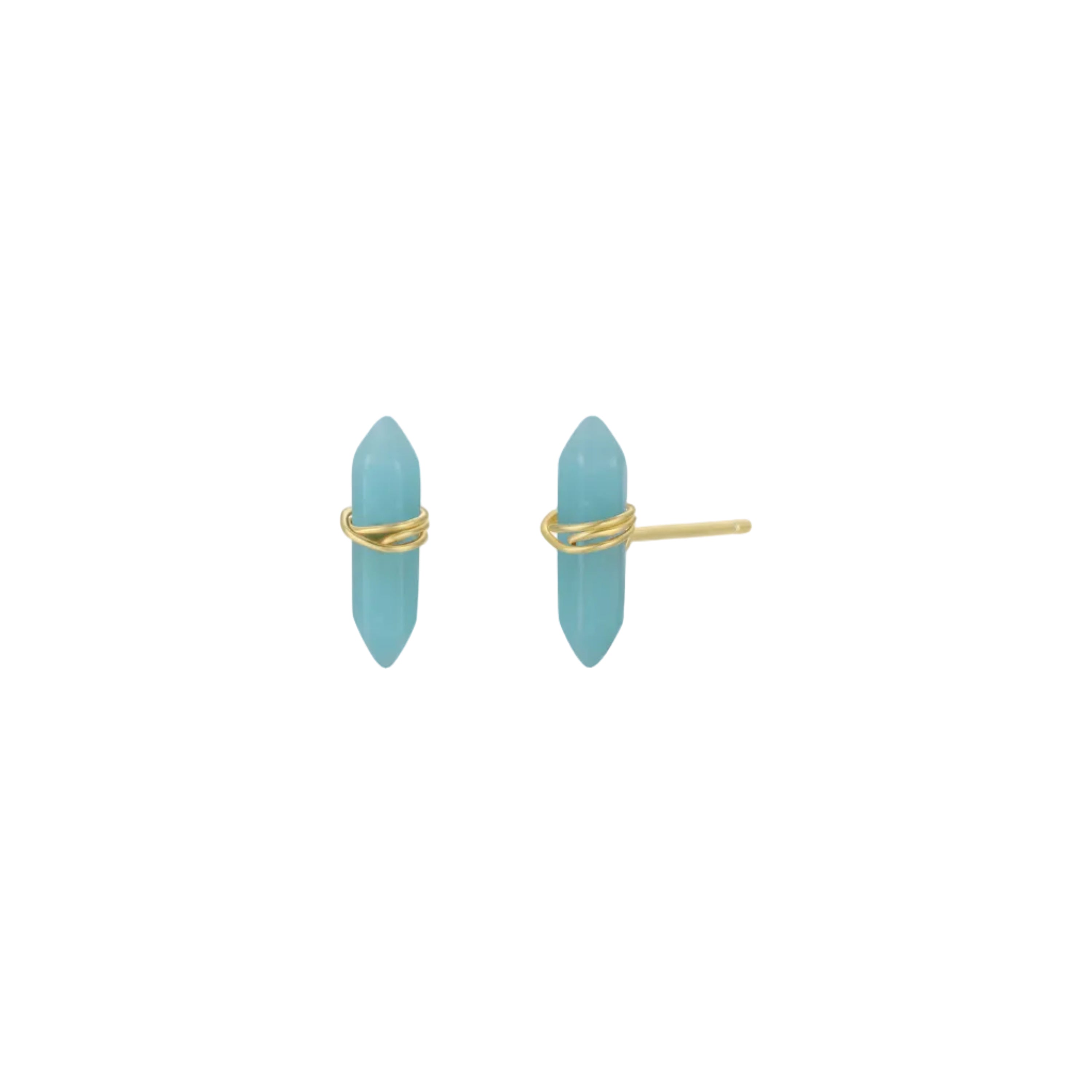 Pair of turquoise amazonite earrings with gold accents on a white background