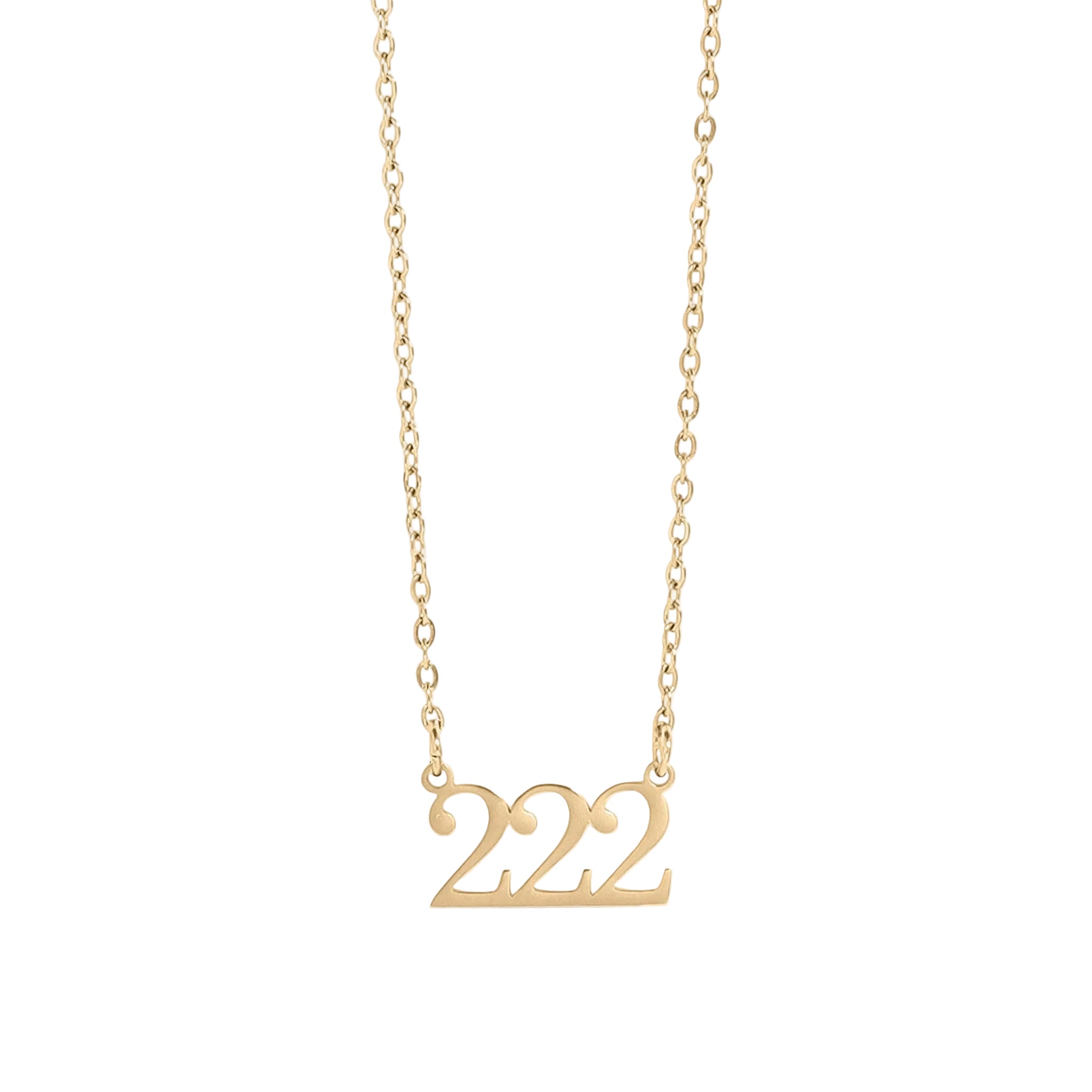 Gold necklace with '222' pendant on a white background