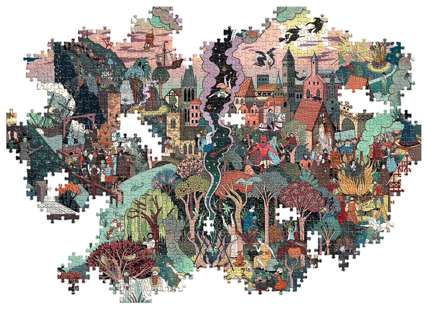 Jigsaw puzzle with a completed scene of a village and nature.