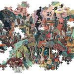 Jigsaw puzzle with a completed scene of a village and nature.