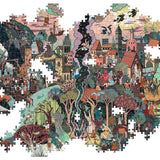 Jigsaw puzzle with a completed scene of a village and nature.