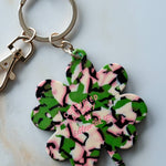 Keychain with a camouflage-patterned four-leaf clover design on a light background