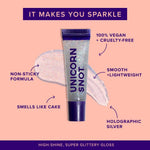 Unicorn Snot lip gloss with product features on a pink background
