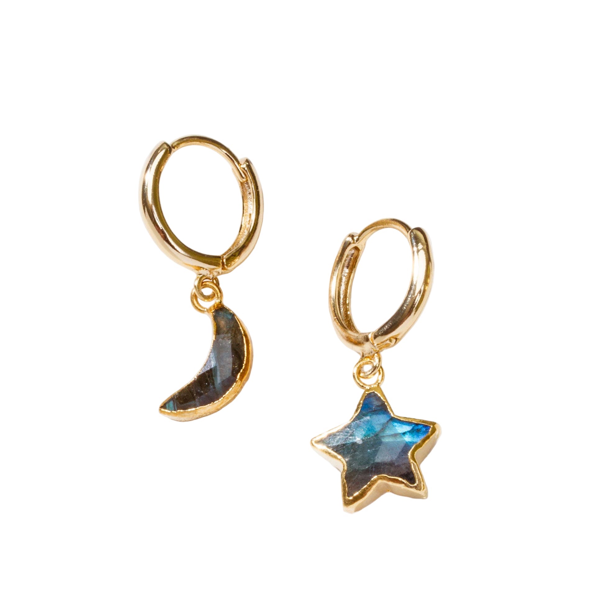 Gold hoop earrings with star and moon-shaped gemstones on a white background