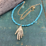 Turquoise Beaded Necklace with Brass Hand