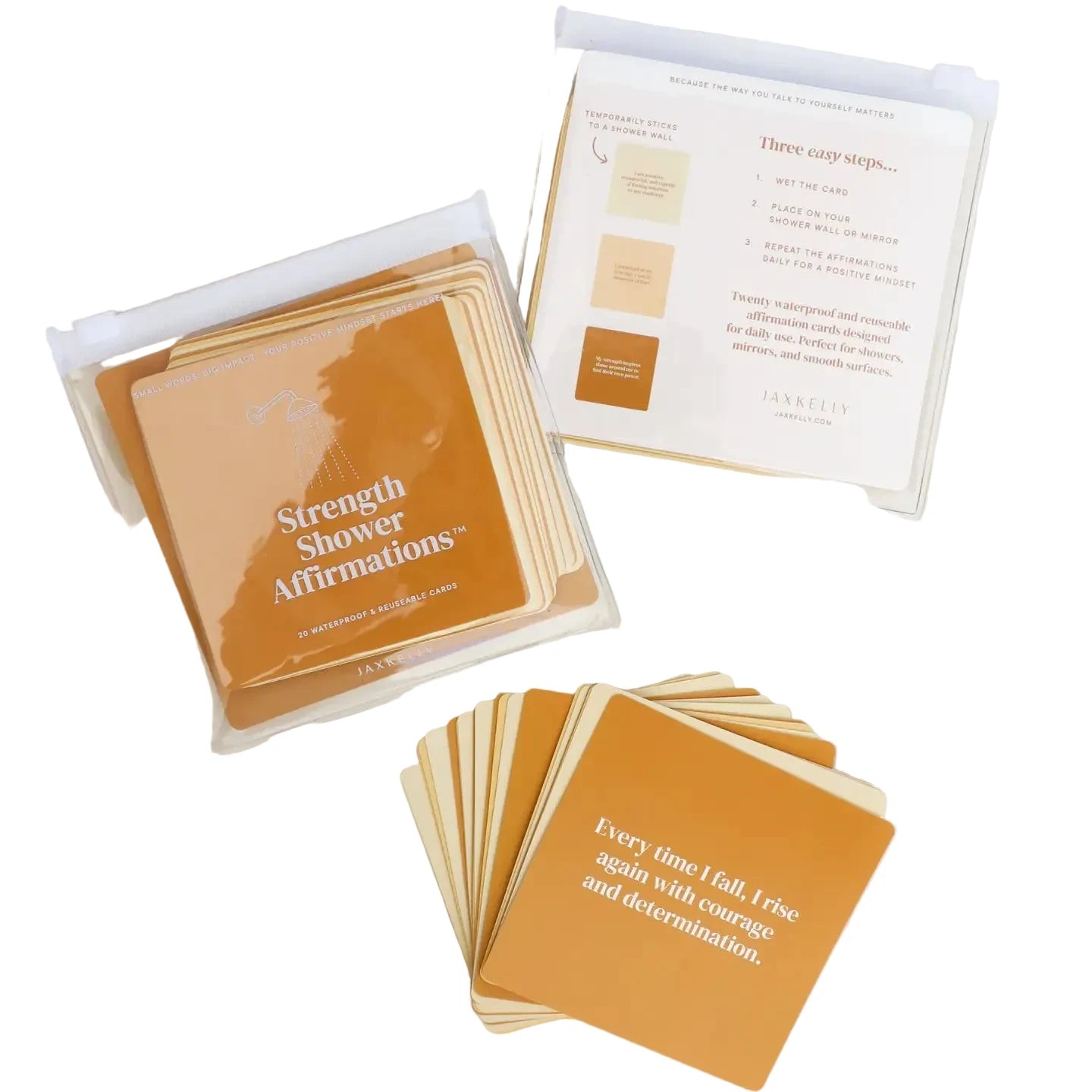 Set of 'Strength Shower Affirmations' cards with a clear plastic case on a beige background.