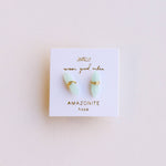 Pair of earrings on a Janelley branded card with 'Amazonite' text on a light background