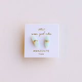 Pair of earrings on a Janelley branded card with 'Amazonite' text on a light background
