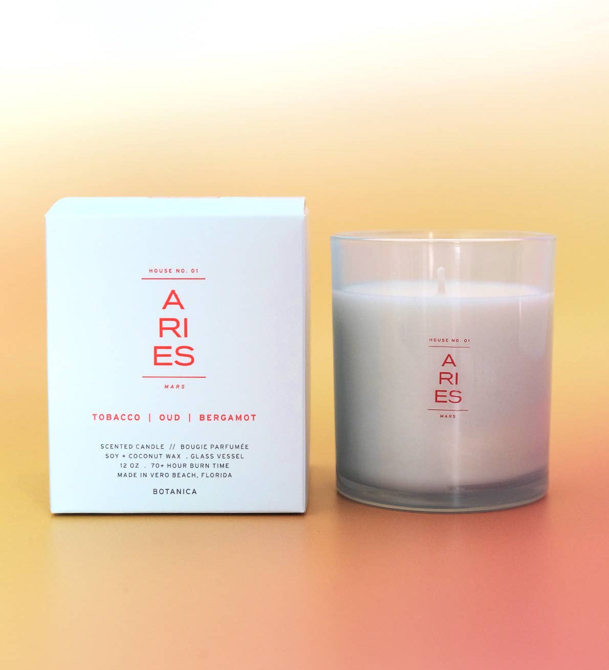 Aries candle and packaging on a gradient background