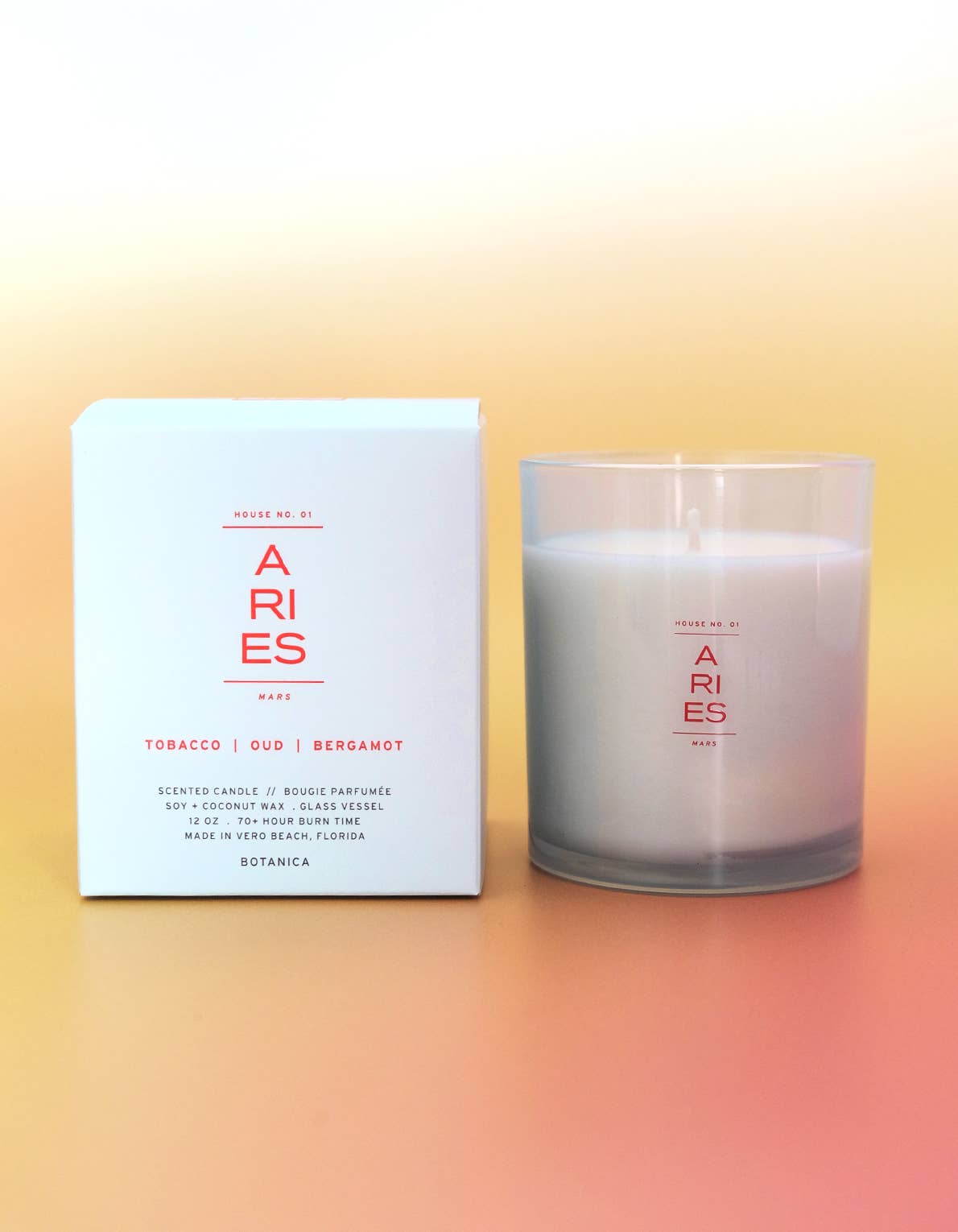 Aries candle and packaging on a gradient background