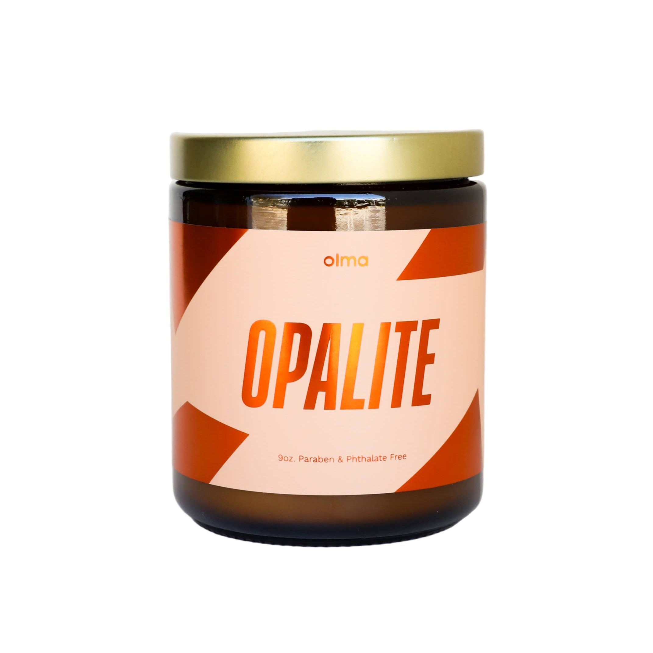 Candle jar labeled 'Opalite' with a gold lid on a white background
