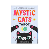 Mystic Cats Tarot book cover with a black cat illustration and colorful text on a light blue background.