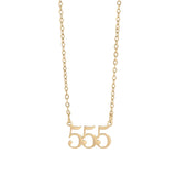 Gold necklace with '555' pendant on a white background