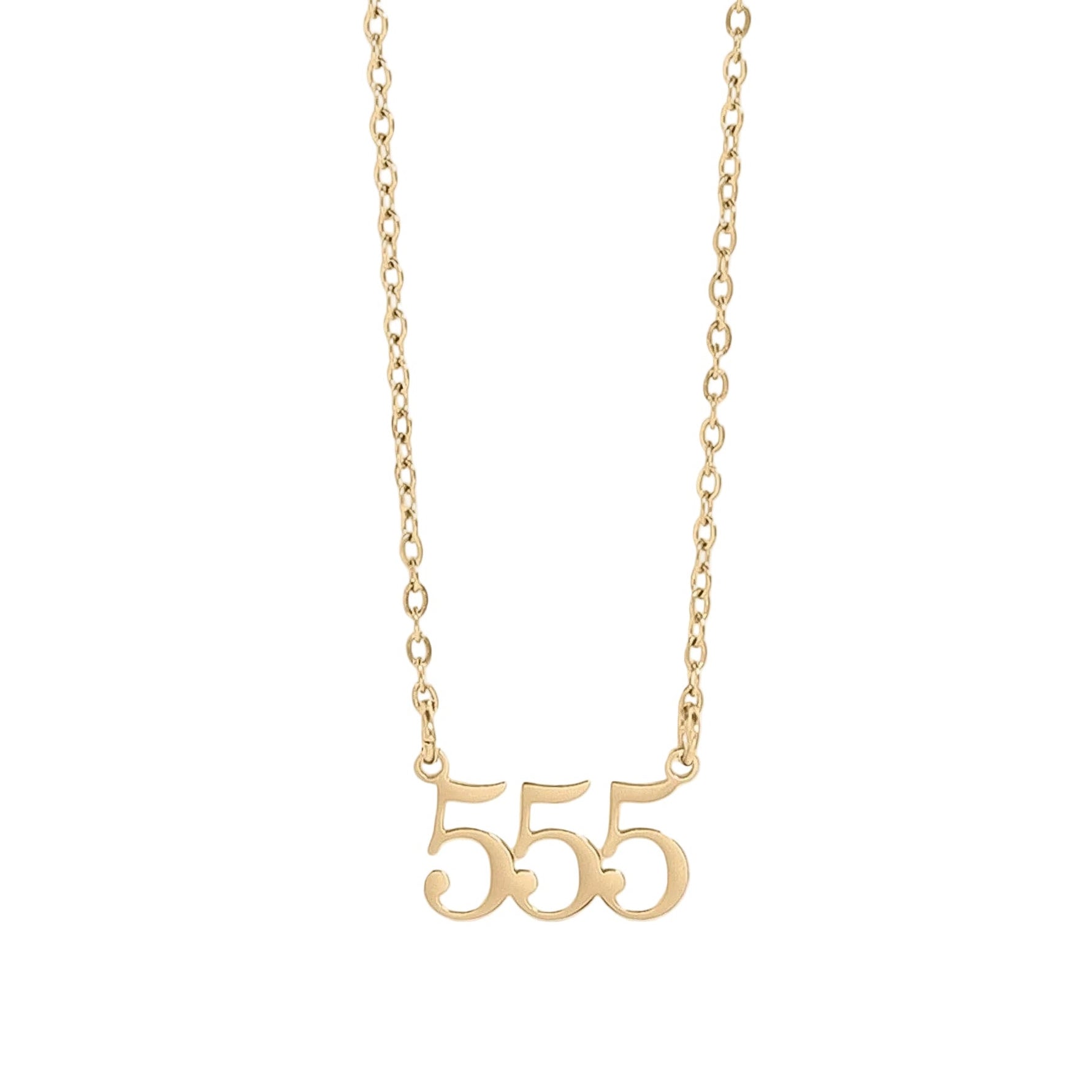 Gold necklace with '555' pendant on a white background