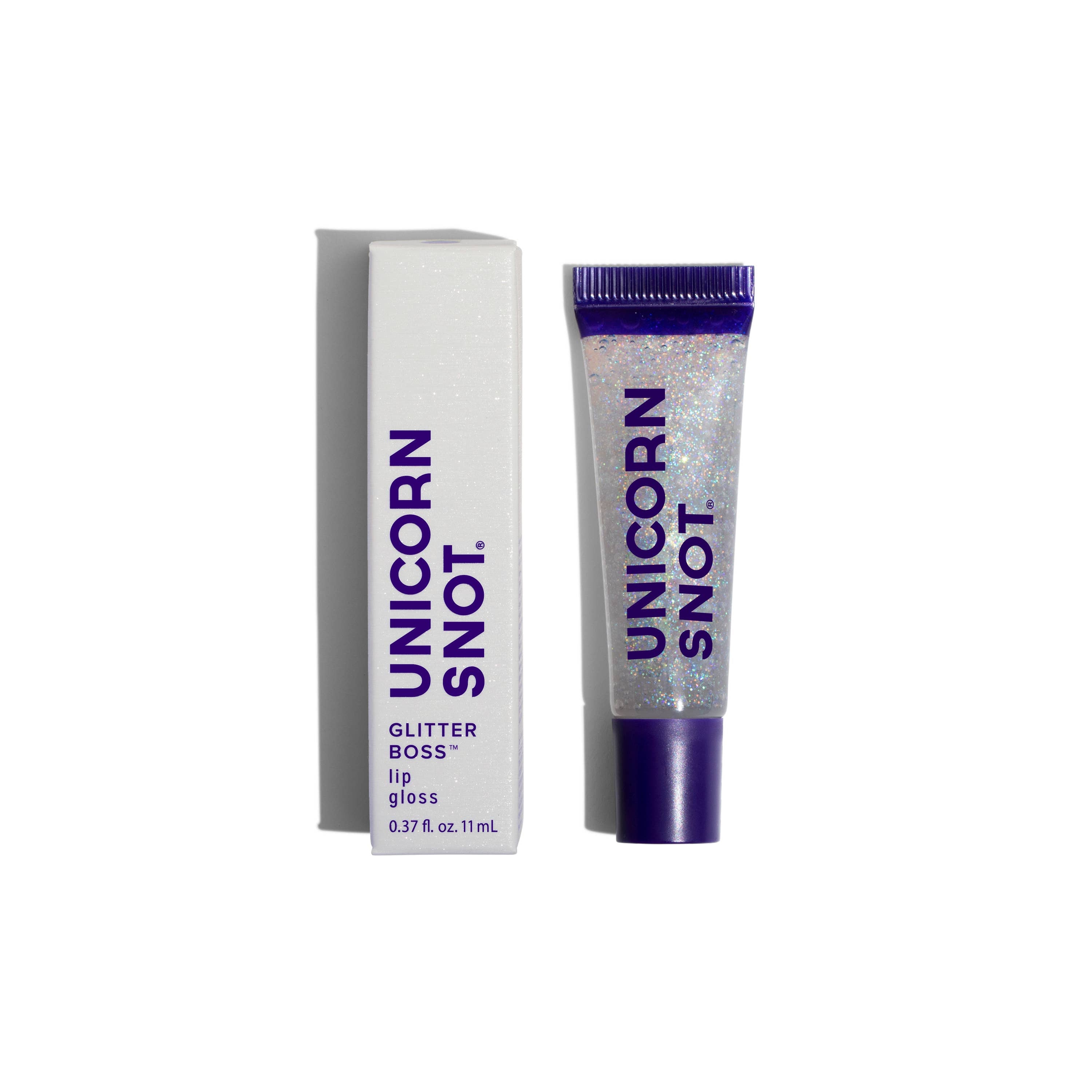Unicorn Snot glitter lip gloss with packaging on a white background