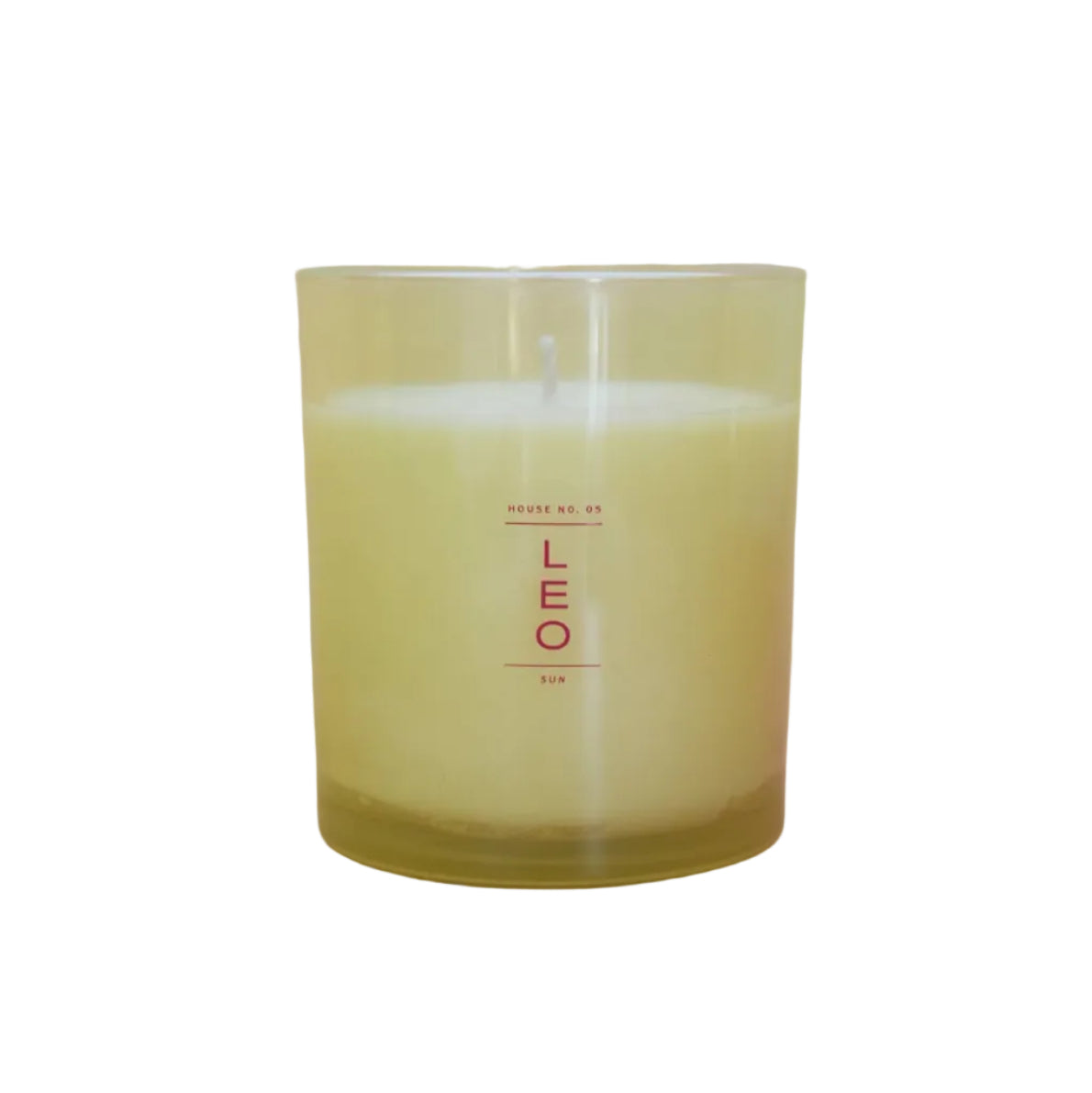 Candle in a yellow glass jar with 'LEO' text in hot pink on a white background