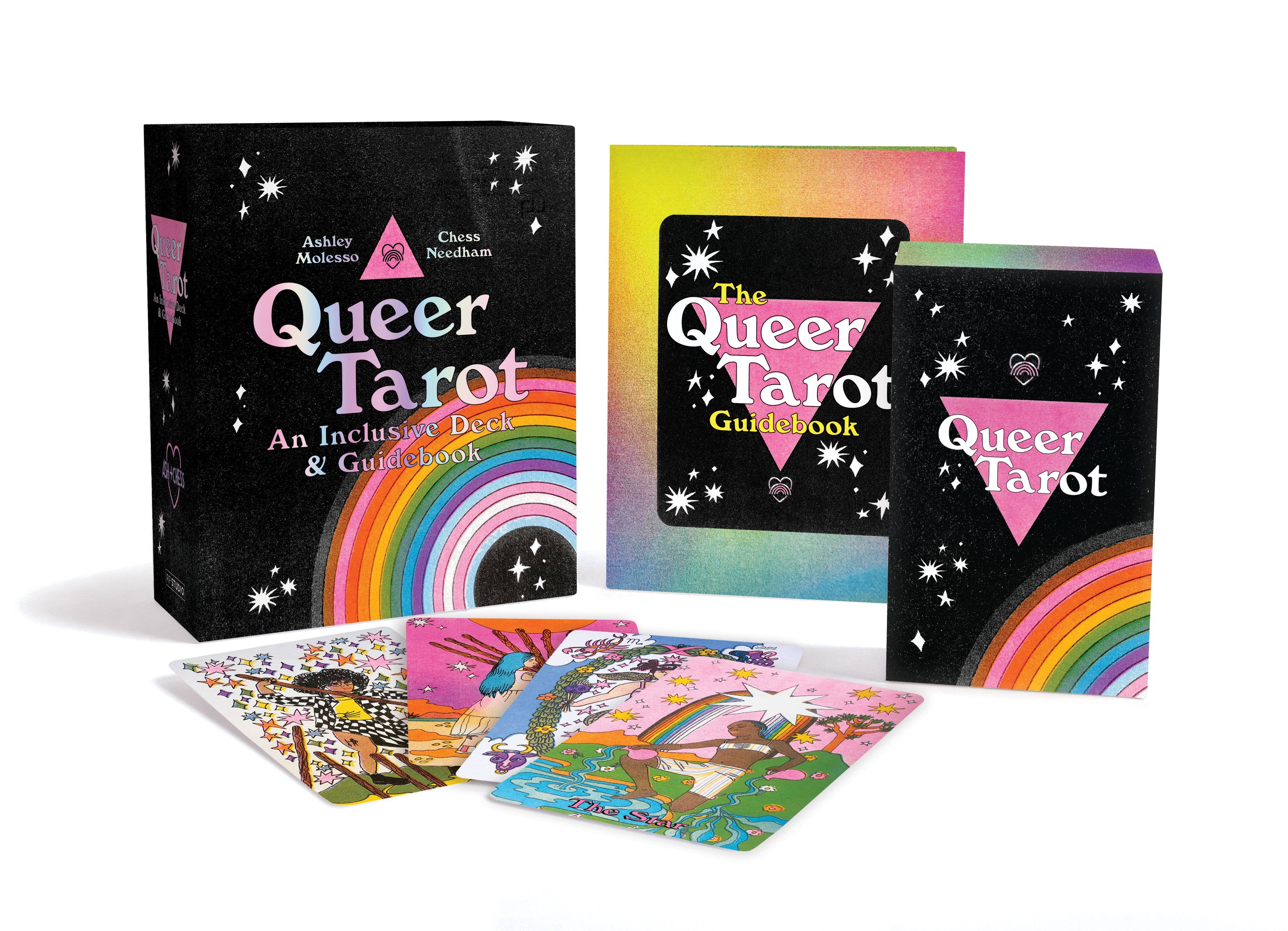 Queer Tarot card set with packaging and cards displayed on a white background