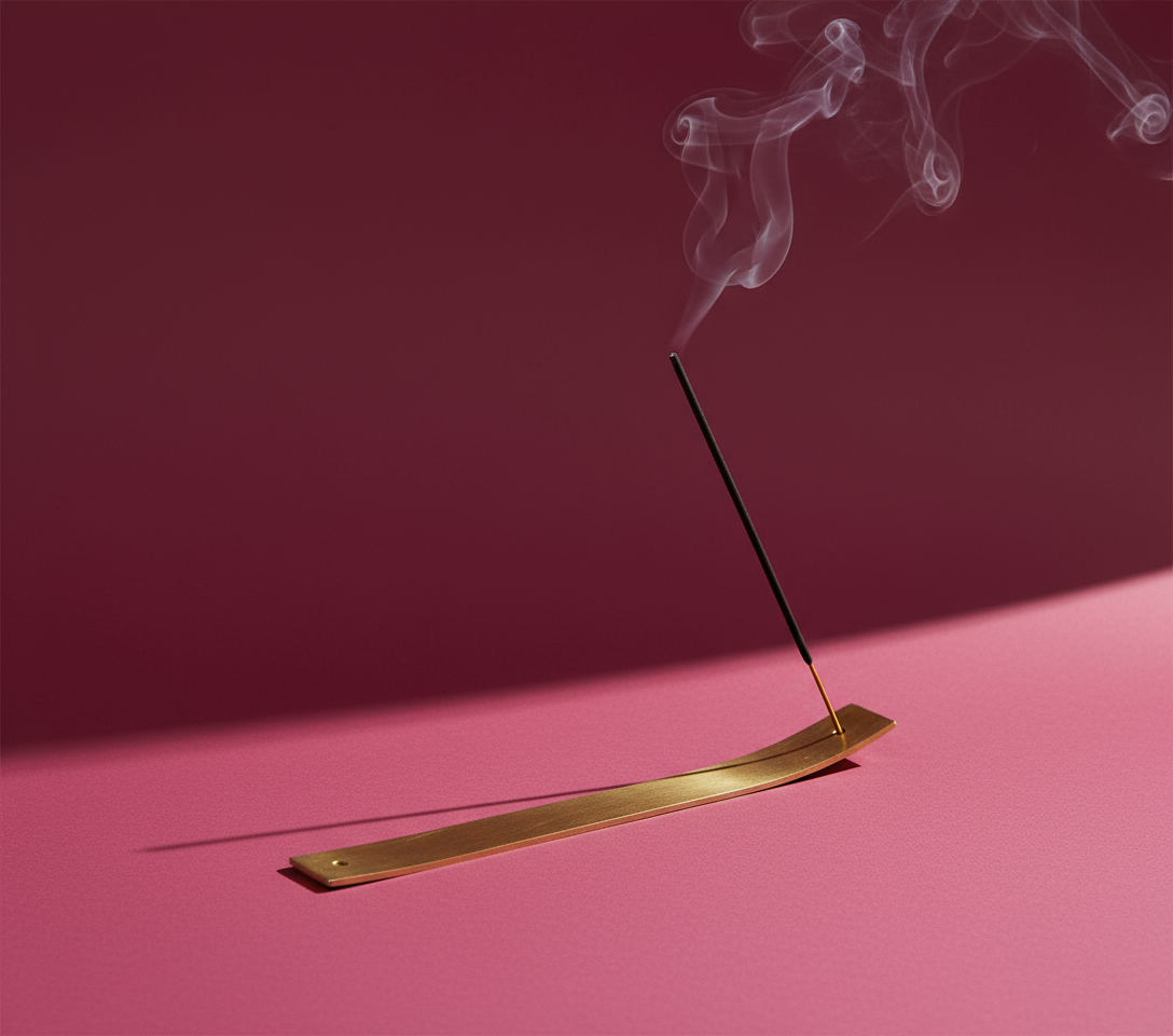 Incense stick burning on a brass incense holder with smoke against a pink background