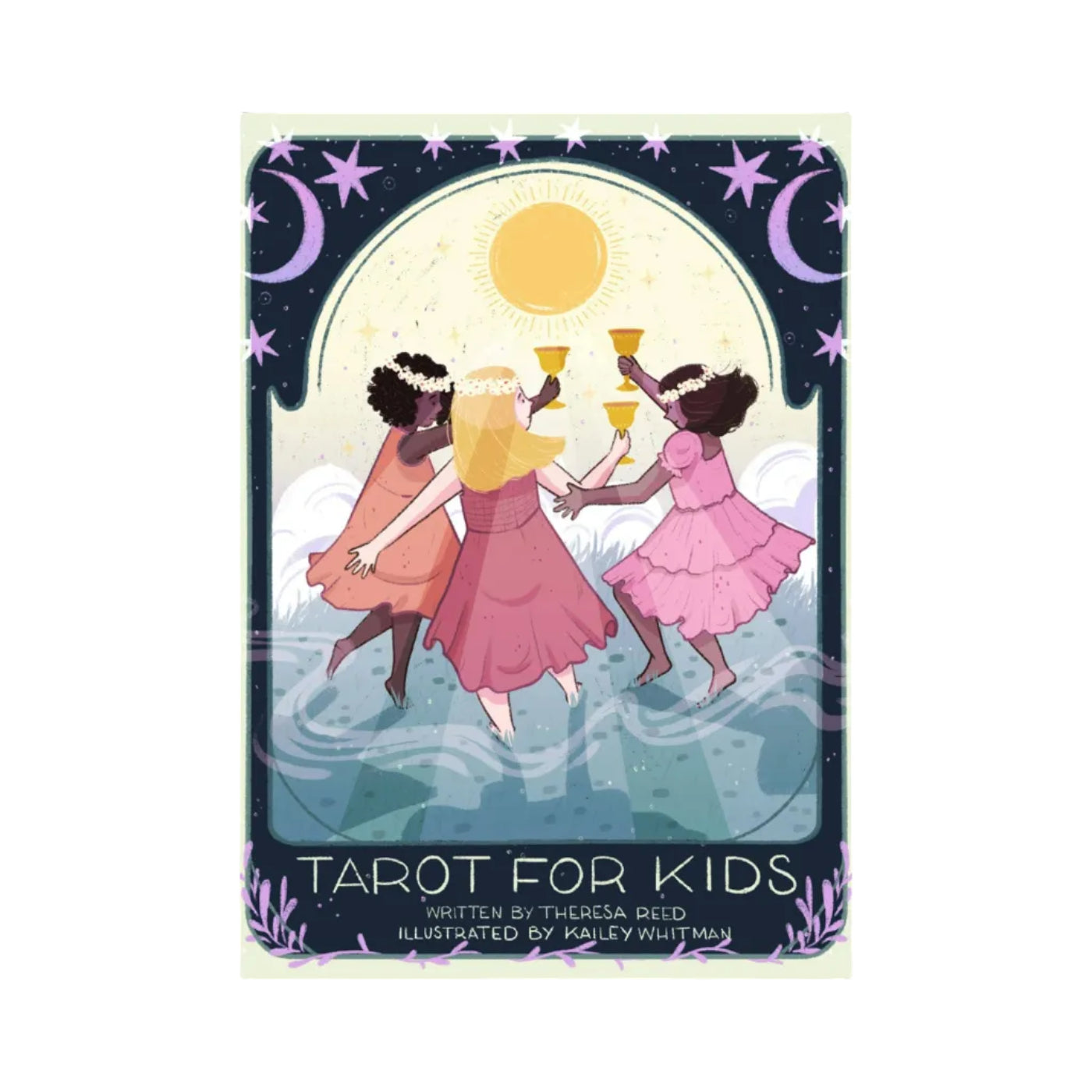 Cover of 'Tarot for Kids' book with three girls holding cups under a moonlit sky.