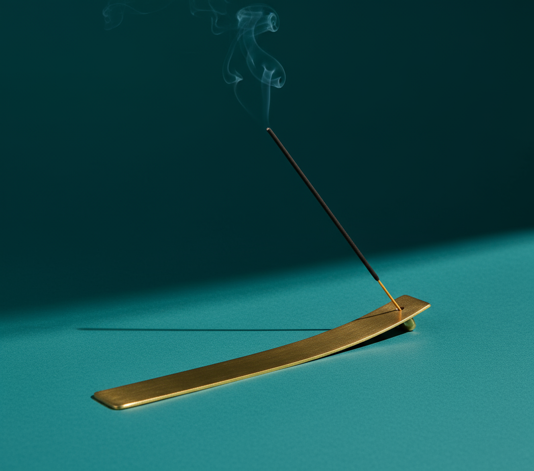 Gold incense burner with a single incense stick on a teal background