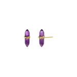 Pair of purple earrings with gold accents on a white background