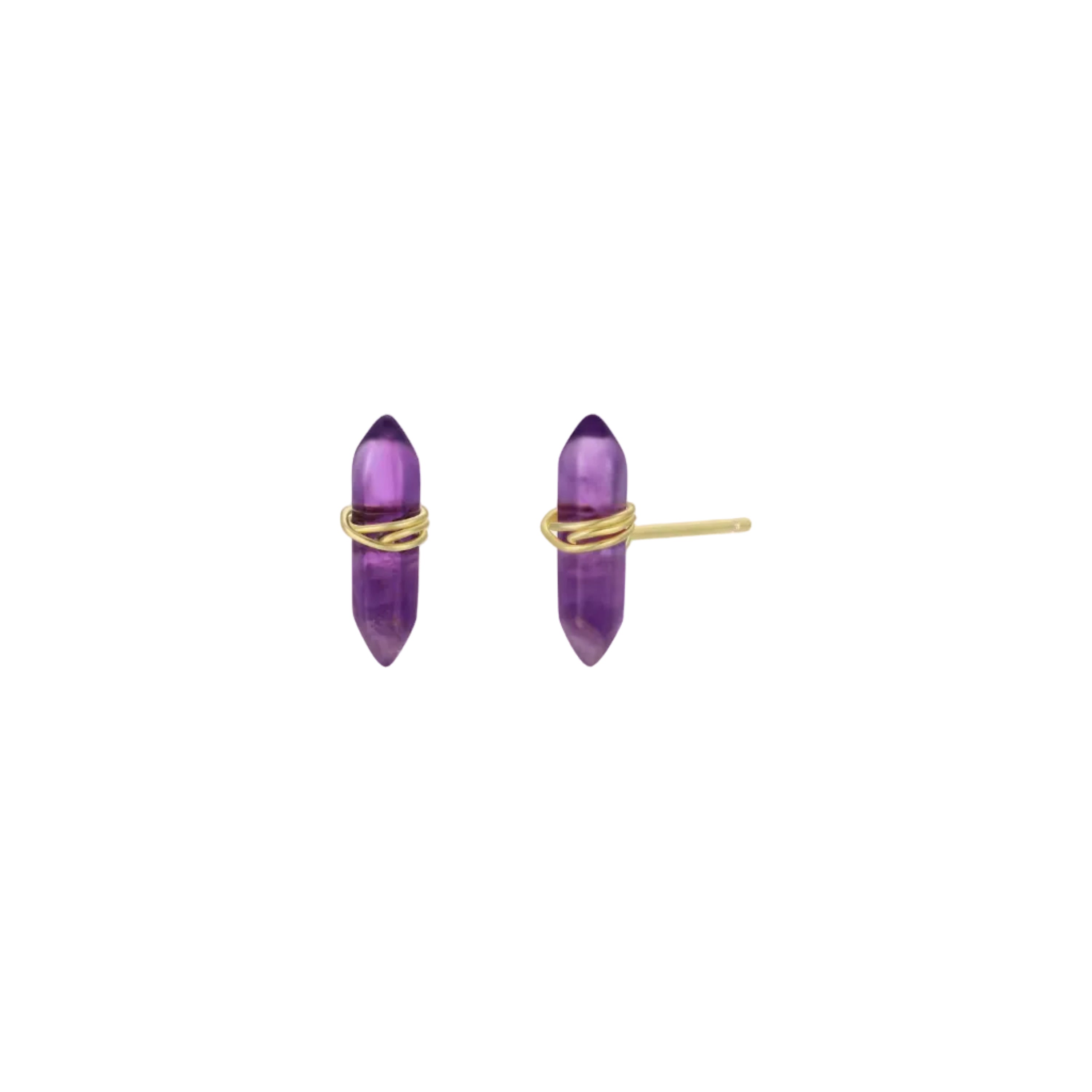Pair of purple earrings with gold accents on a white background