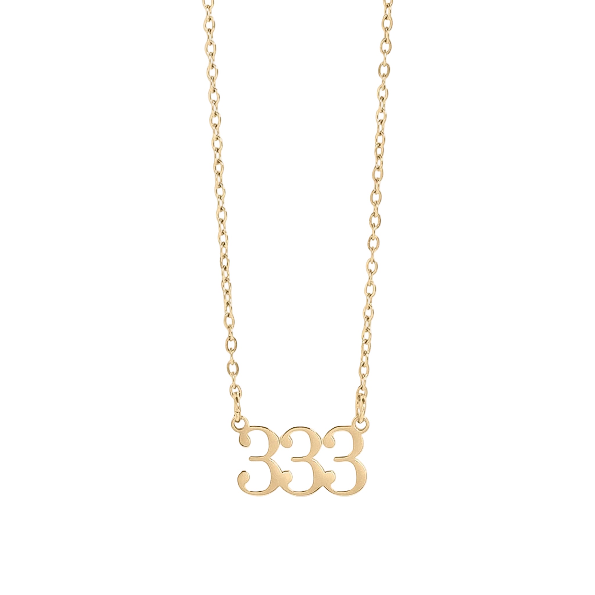 Gold necklace with '333' pendant on a white background