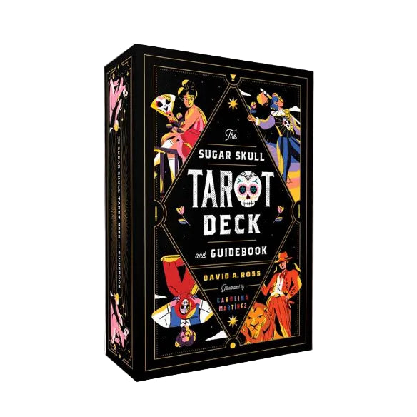 Box for 'The Sugar Skull Tarot Deck and Guidebook' with colorful illustrations on a white background