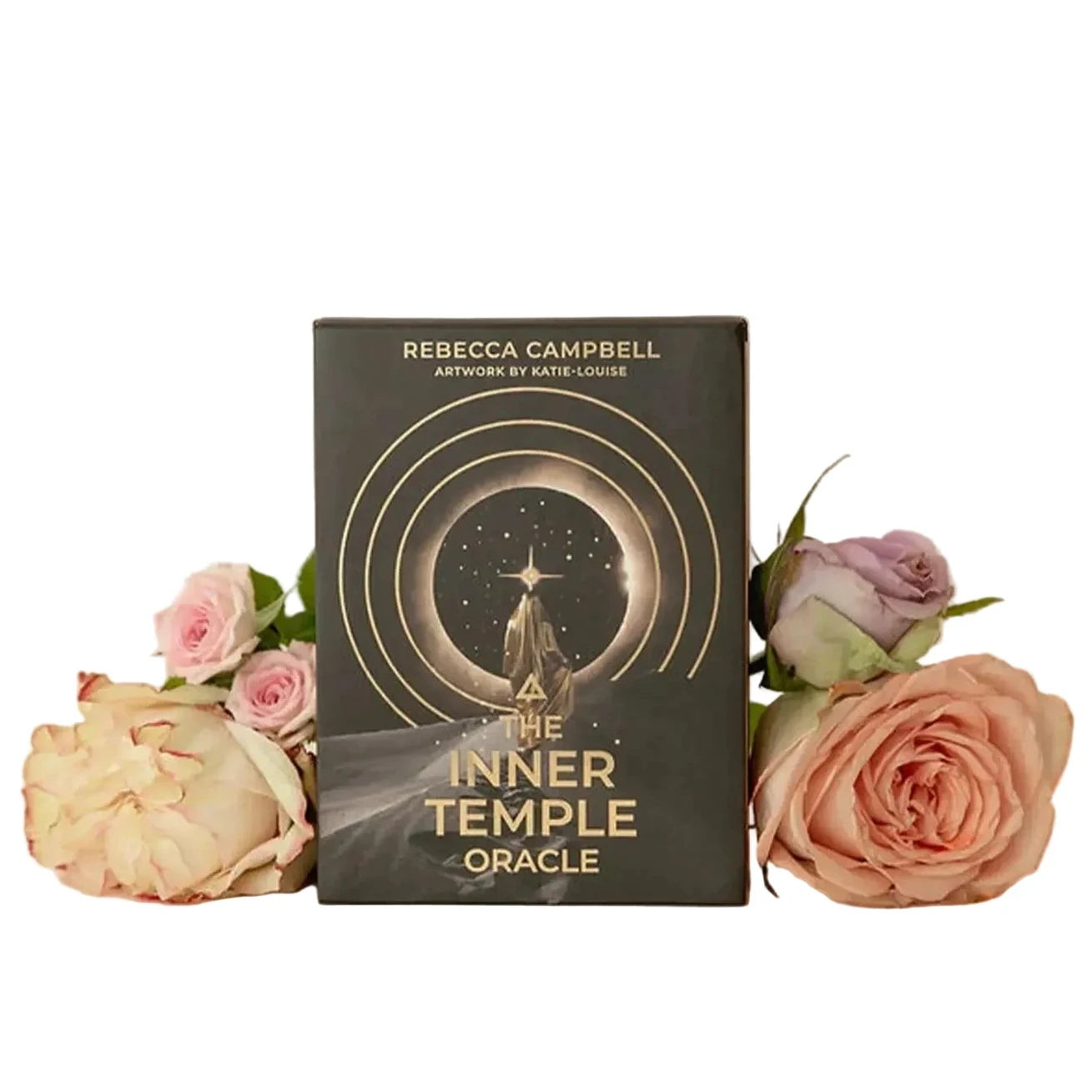 Deck box titled 'The Inner Temple Oracle' by Rebecca Campbell with flowers on a beige background