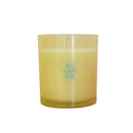 A translucent pale yellow glass candle jar with blue text reading 'AQUARIUS'  centered on a white background.