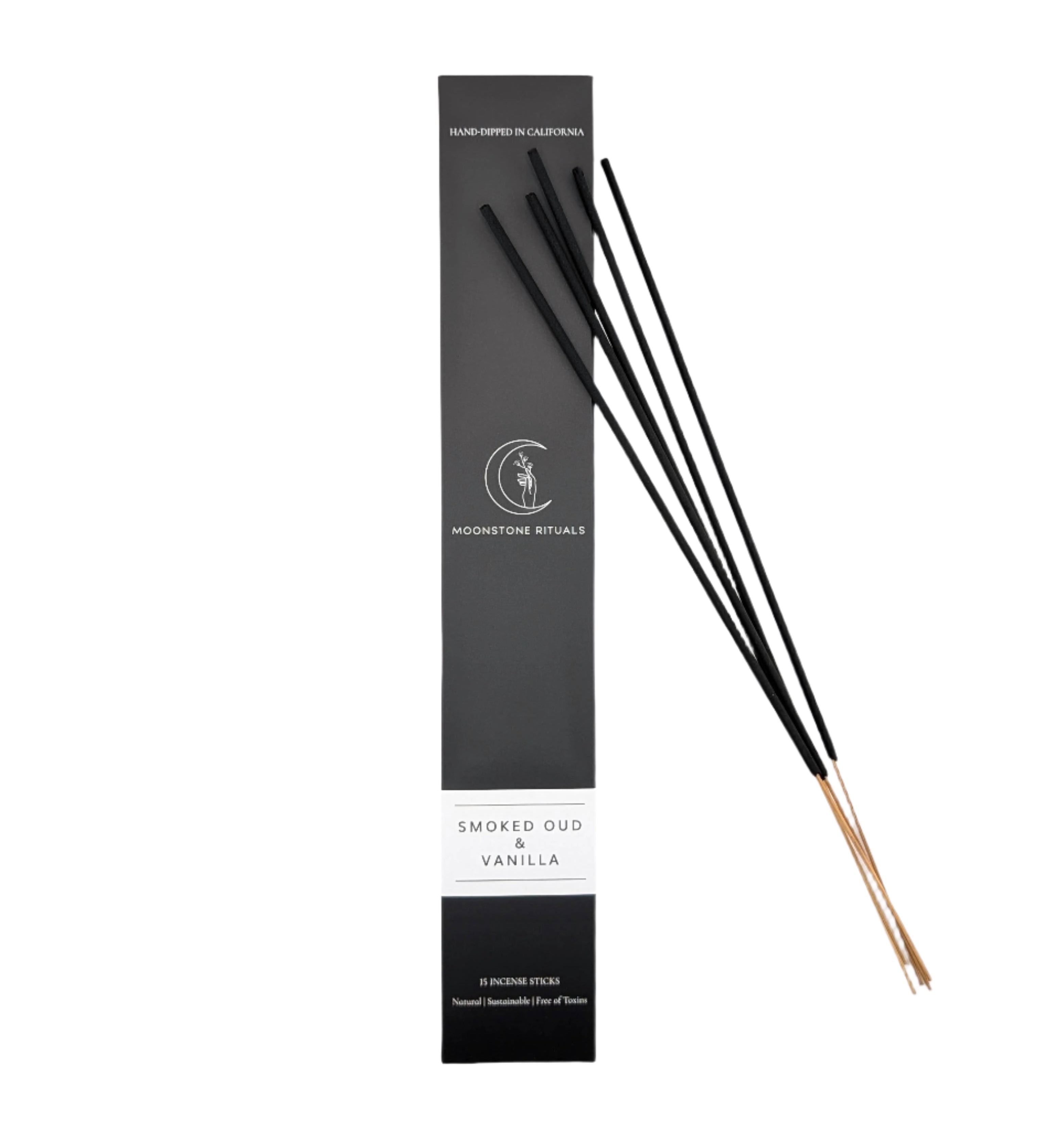 Black incense sticks with packaging labeled 'Smoked Oud & Vanilla' on a white background